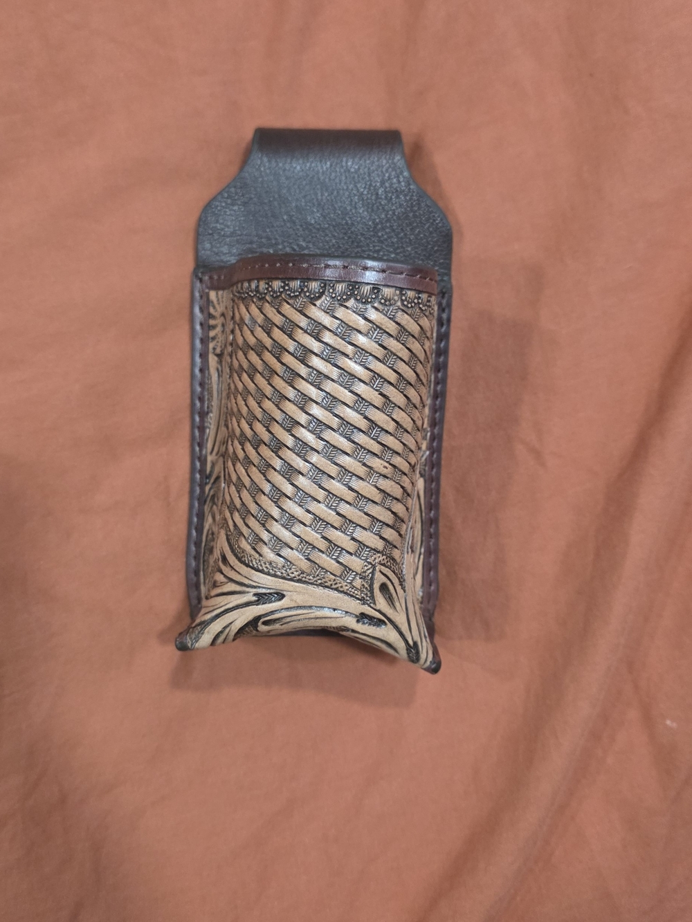 Tooled Leather Belt Pouch in Tan and Dark Brown
